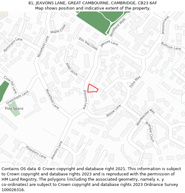 81, JEAVONS LANE, GREAT CAMBOURNE, CAMBRIDGE, CB23 6AF: Location map and indicative extent of plot