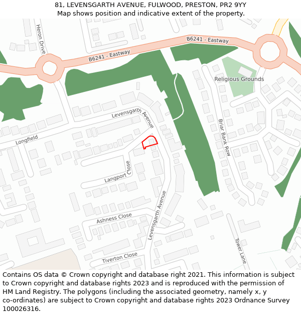 81, LEVENSGARTH AVENUE, FULWOOD, PRESTON, PR2 9YY: Location map and indicative extent of plot