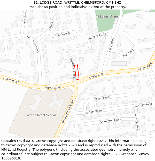 81, LODGE ROAD, WRITTLE, CHELMSFORD, CM1 3HZ: Location map and indicative extent of plot