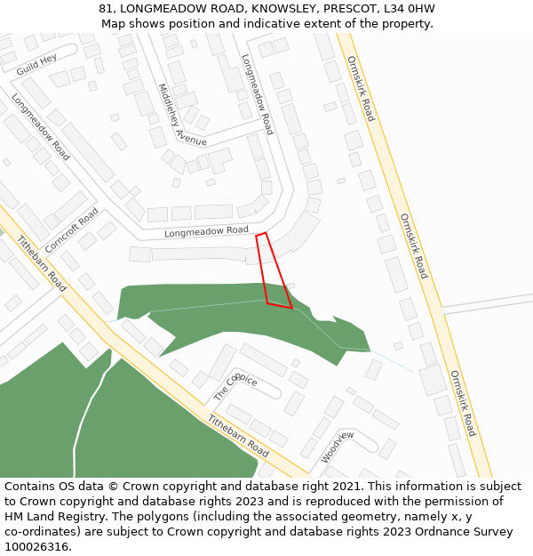 81, LONGMEADOW ROAD, KNOWSLEY, PRESCOT, L34 0HW: Location map and indicative extent of plot