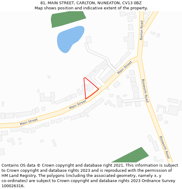 81, MAIN STREET, CARLTON, NUNEATON, CV13 0BZ: Location map and indicative extent of plot