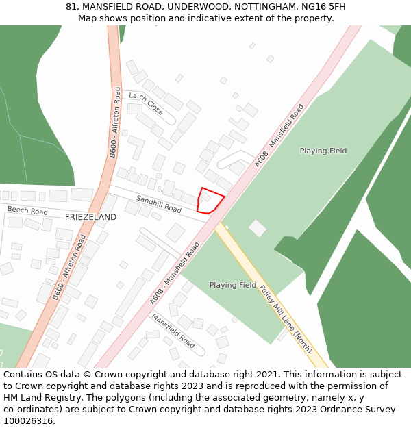 81, MANSFIELD ROAD, UNDERWOOD, NOTTINGHAM, NG16 5FH: Location map and indicative extent of plot