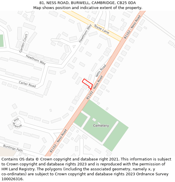 81, NESS ROAD, BURWELL, CAMBRIDGE, CB25 0DA: Location map and indicative extent of plot