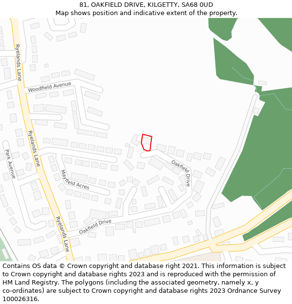 81, OAKFIELD DRIVE, KILGETTY, SA68 0UD: Location map and indicative extent of plot