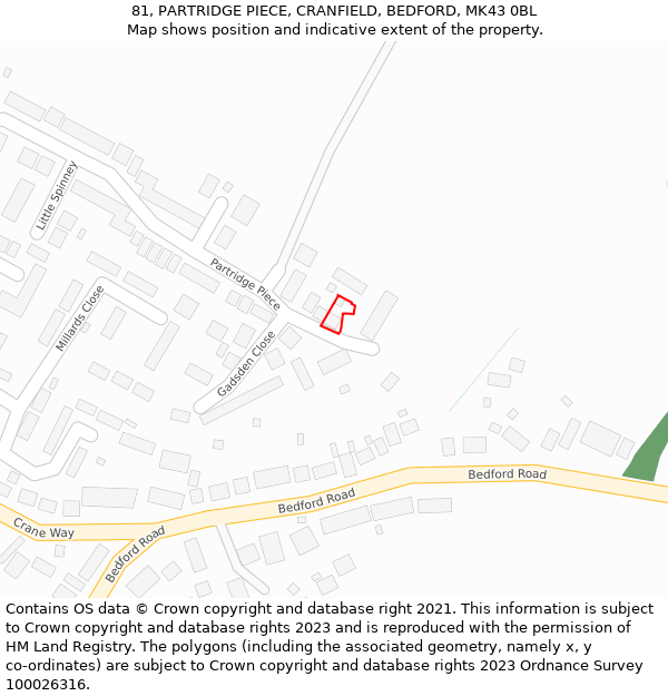 81, PARTRIDGE PIECE, CRANFIELD, BEDFORD, MK43 0BL: Location map and indicative extent of plot