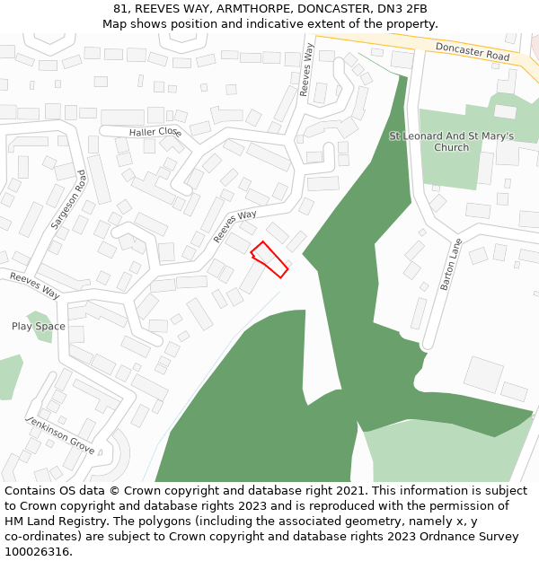 81, REEVES WAY, ARMTHORPE, DONCASTER, DN3 2FB: Location map and indicative extent of plot