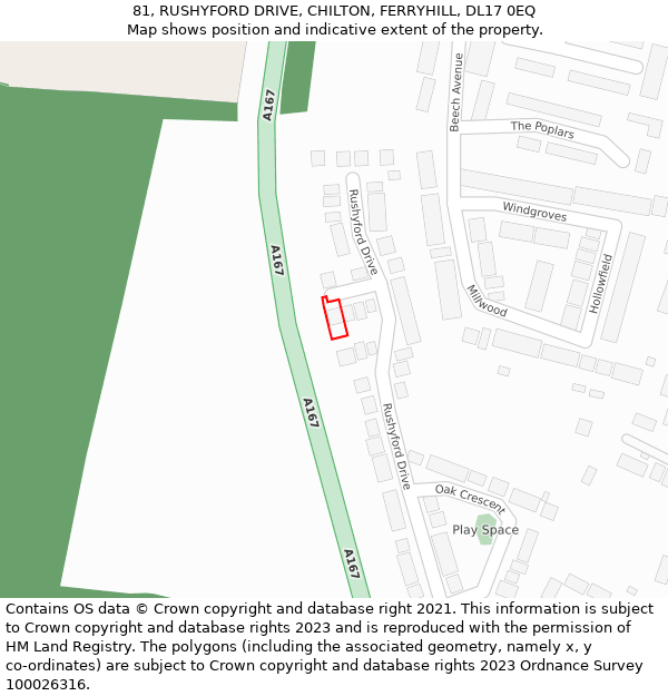 81, RUSHYFORD DRIVE, CHILTON, FERRYHILL, DL17 0EQ: Location map and indicative extent of plot