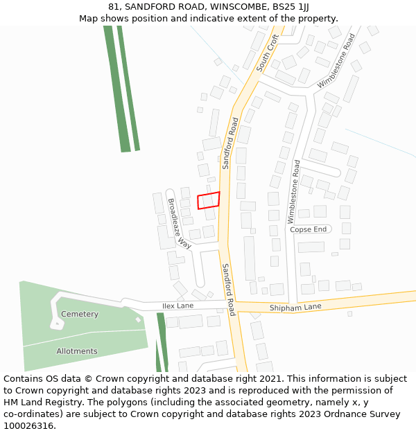 81, SANDFORD ROAD, WINSCOMBE, BS25 1JJ: Location map and indicative extent of plot