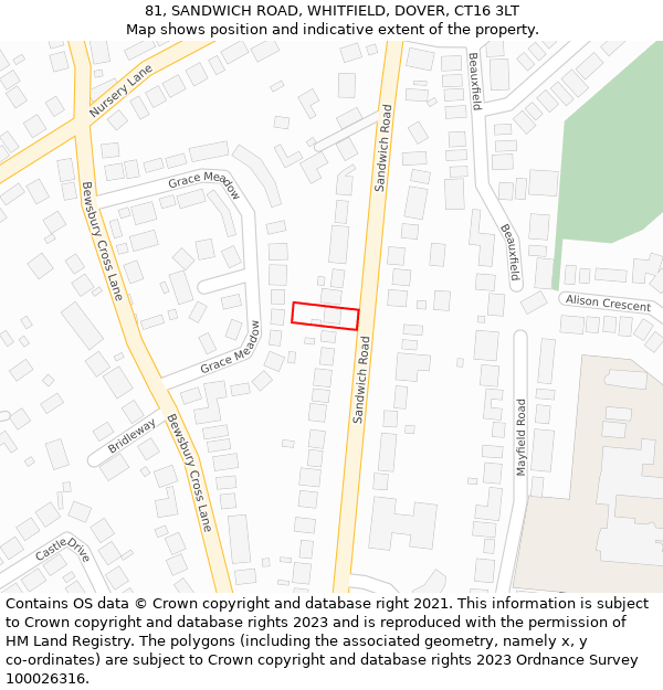 81, SANDWICH ROAD, WHITFIELD, DOVER, CT16 3LT: Location map and indicative extent of plot