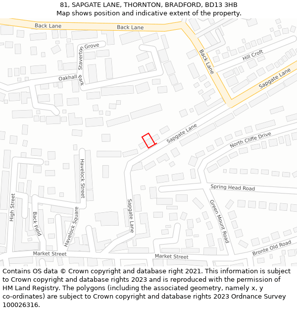 81, SAPGATE LANE, THORNTON, BRADFORD, BD13 3HB: Location map and indicative extent of plot