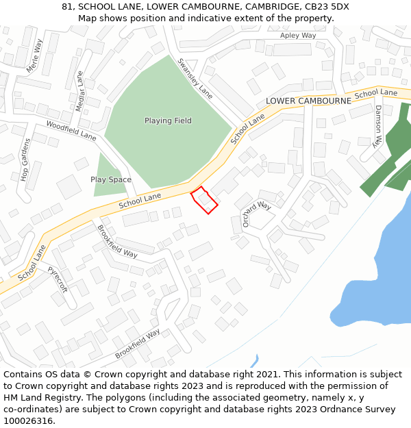 81, SCHOOL LANE, LOWER CAMBOURNE, CAMBRIDGE, CB23 5DX: Location map and indicative extent of plot