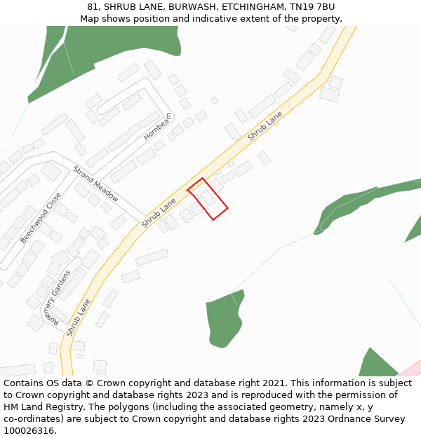 81, SHRUB LANE, BURWASH, ETCHINGHAM, TN19 7BU: Location map and indicative extent of plot