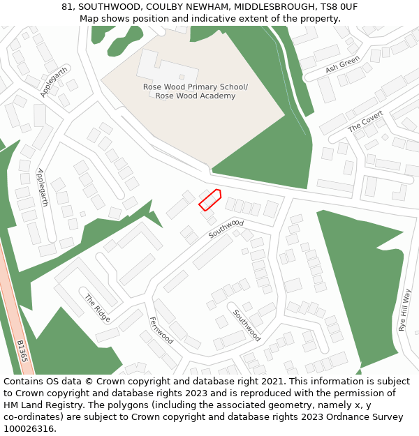 81, SOUTHWOOD, COULBY NEWHAM, MIDDLESBROUGH, TS8 0UF: Location map and indicative extent of plot