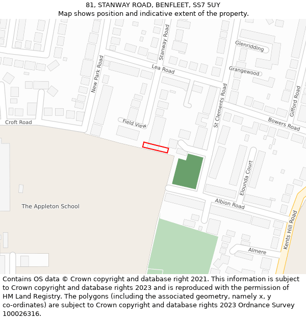 81, STANWAY ROAD, BENFLEET, SS7 5UY: Location map and indicative extent of plot