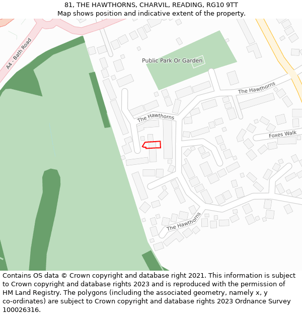 81, THE HAWTHORNS, CHARVIL, READING, RG10 9TT: Location map and indicative extent of plot