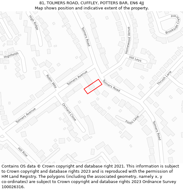 81, TOLMERS ROAD, CUFFLEY, POTTERS BAR, EN6 4JJ: Location map and indicative extent of plot