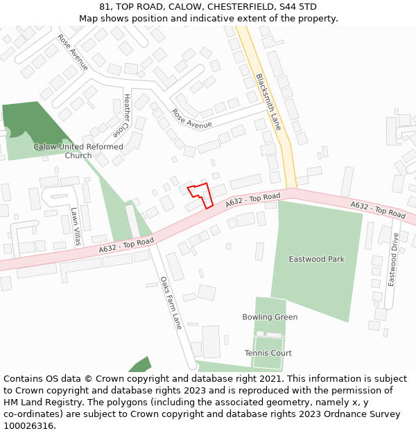 81, TOP ROAD, CALOW, CHESTERFIELD, S44 5TD: Location map and indicative extent of plot