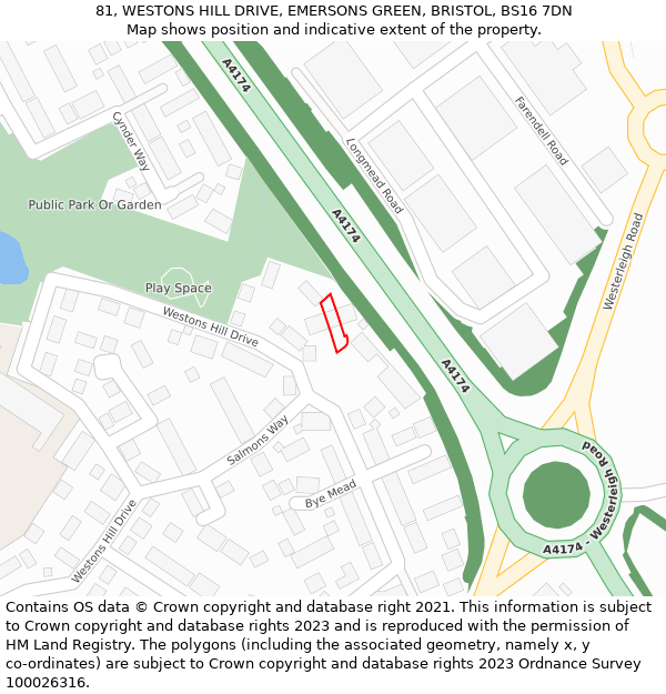 81, WESTONS HILL DRIVE, EMERSONS GREEN, BRISTOL, BS16 7DN: Location map and indicative extent of plot