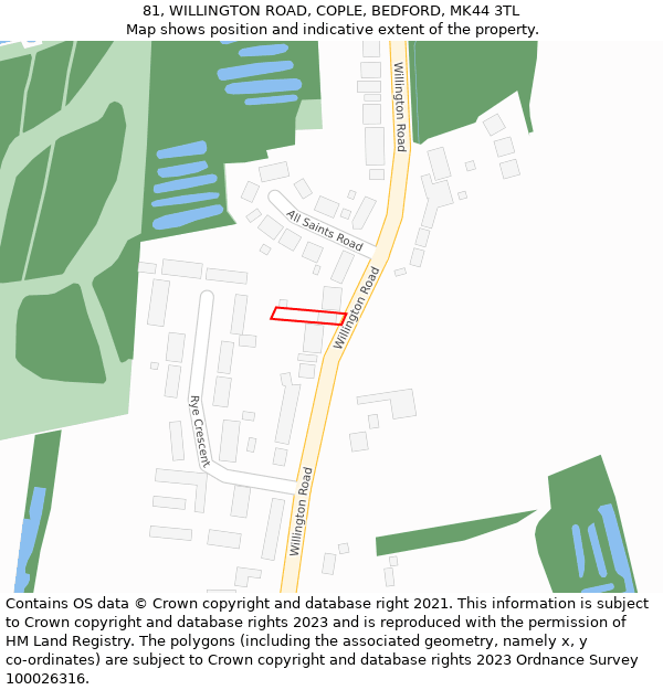 81, WILLINGTON ROAD, COPLE, BEDFORD, MK44 3TL: Location map and indicative extent of plot