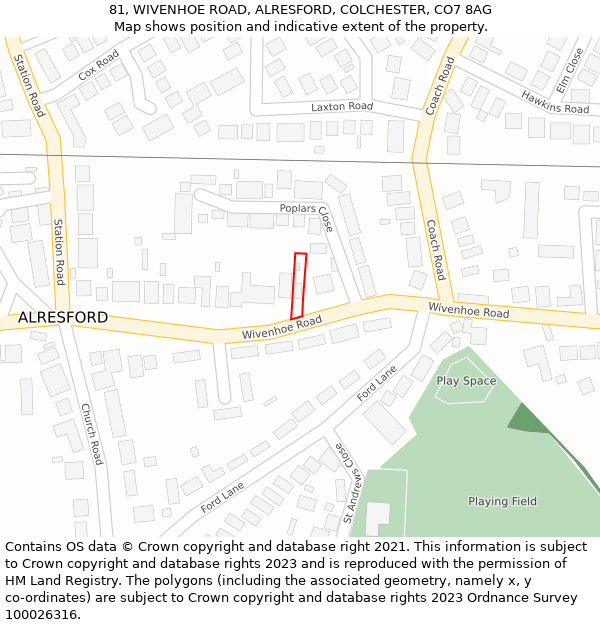 81, WIVENHOE ROAD, ALRESFORD, COLCHESTER, CO7 8AG: Location map and indicative extent of plot