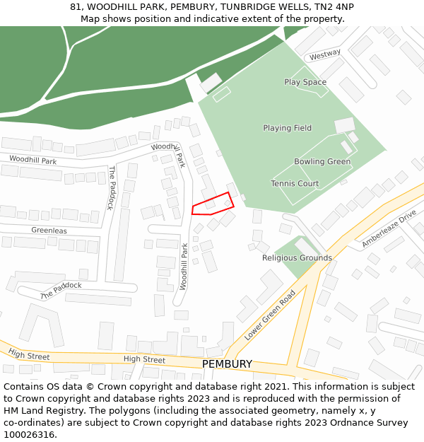 81, WOODHILL PARK, PEMBURY, TUNBRIDGE WELLS, TN2 4NP: Location map and indicative extent of plot