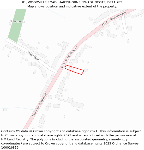 81, WOODVILLE ROAD, HARTSHORNE, SWADLINCOTE, DE11 7ET: Location map and indicative extent of plot