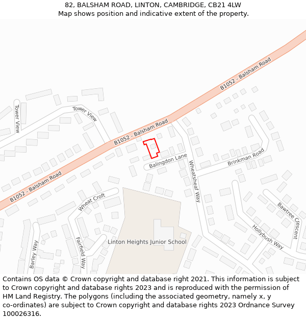 82, BALSHAM ROAD, LINTON, CAMBRIDGE, CB21 4LW: Location map and indicative extent of plot