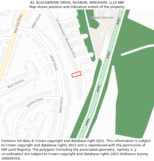 82, BLACKBROOK DRIVE, RUABON, WREXHAM, LL14 6BP: Location map and indicative extent of plot