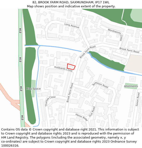 82, BROOK FARM ROAD, SAXMUNDHAM, IP17 1WL: Location map and indicative extent of plot