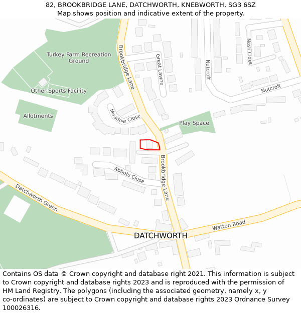 82, BROOKBRIDGE LANE, DATCHWORTH, KNEBWORTH, SG3 6SZ: Location map and indicative extent of plot