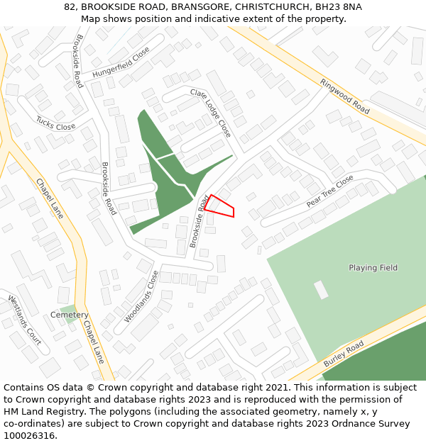 82, BROOKSIDE ROAD, BRANSGORE, CHRISTCHURCH, BH23 8NA: Location map and indicative extent of plot