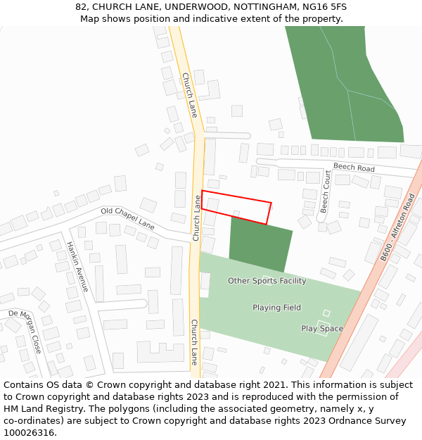 82, CHURCH LANE, UNDERWOOD, NOTTINGHAM, NG16 5FS: Location map and indicative extent of plot