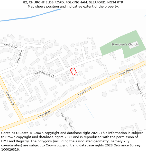 82, CHURCHFIELDS ROAD, FOLKINGHAM, SLEAFORD, NG34 0TR: Location map and indicative extent of plot