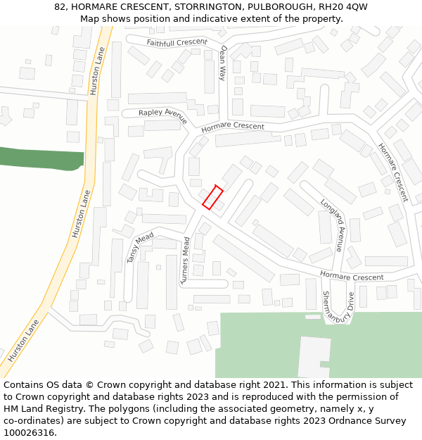 82, HORMARE CRESCENT, STORRINGTON, PULBOROUGH, RH20 4QW: Location map and indicative extent of plot