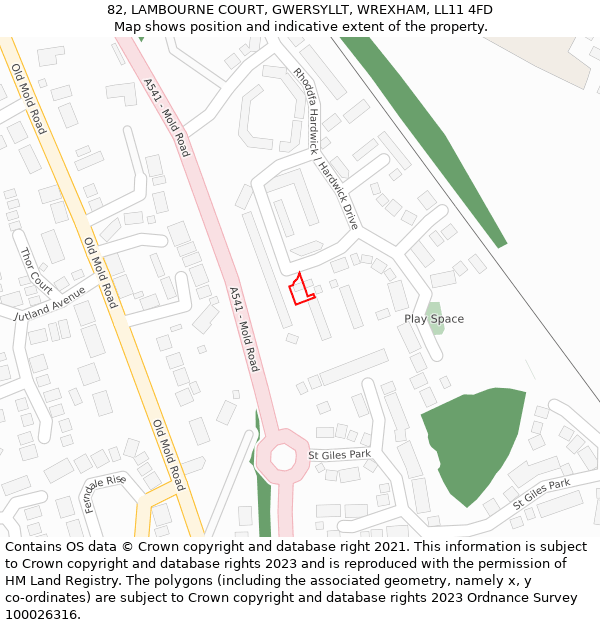 82, LAMBOURNE COURT, GWERSYLLT, WREXHAM, LL11 4FD: Location map and indicative extent of plot