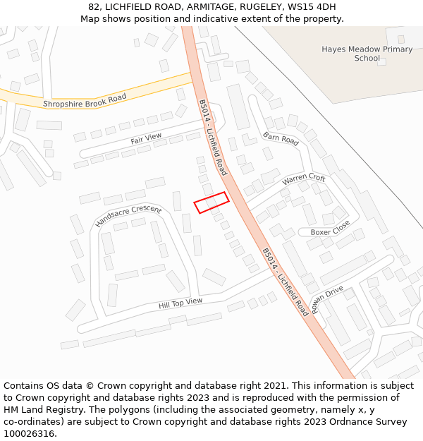 82, LICHFIELD ROAD, ARMITAGE, RUGELEY, WS15 4DH: Location map and indicative extent of plot