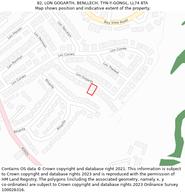 82, LON GOGARTH, BENLLECH, TYN-Y-GONGL, LL74 8TA: Location map and indicative extent of plot
