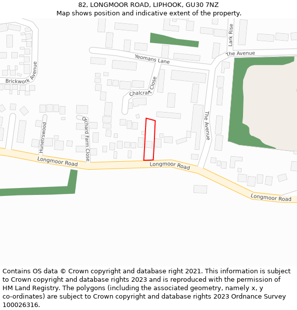 82, LONGMOOR ROAD, LIPHOOK, GU30 7NZ: Location map and indicative extent of plot