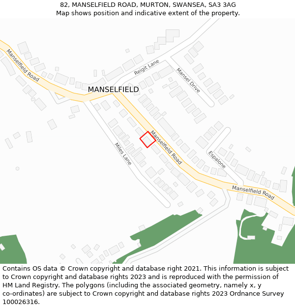 82, MANSELFIELD ROAD, MURTON, SWANSEA, SA3 3AG: Location map and indicative extent of plot