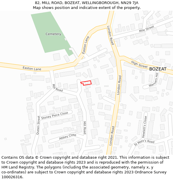 82, MILL ROAD, BOZEAT, WELLINGBOROUGH, NN29 7JA: Location map and indicative extent of plot