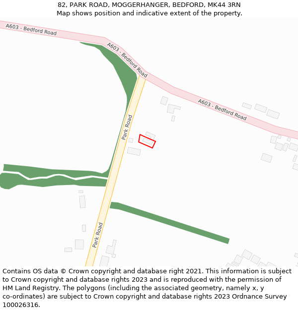 82, PARK ROAD, MOGGERHANGER, BEDFORD, MK44 3RN: Location map and indicative extent of plot