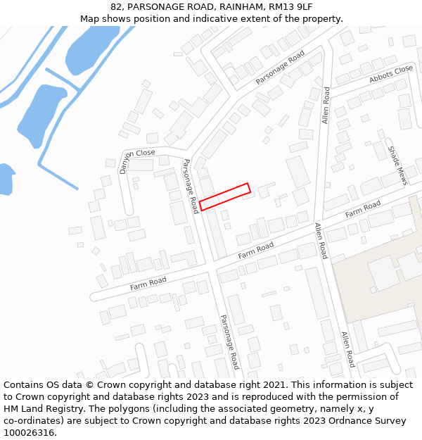 82, PARSONAGE ROAD, RAINHAM, RM13 9LF: Location map and indicative extent of plot