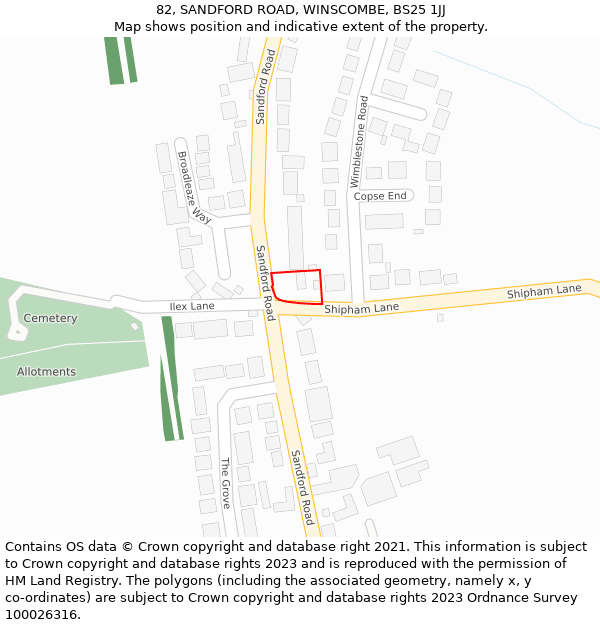 82, SANDFORD ROAD, WINSCOMBE, BS25 1JJ: Location map and indicative extent of plot