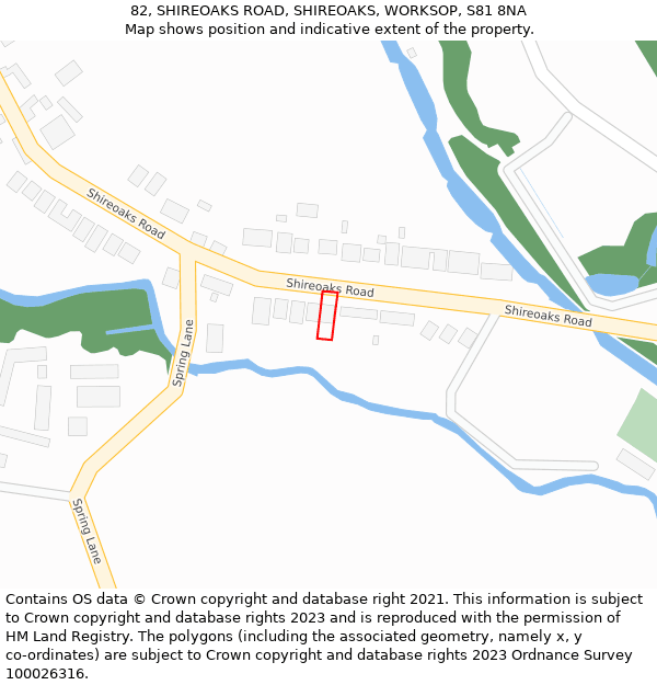 82, SHIREOAKS ROAD, SHIREOAKS, WORKSOP, S81 8NA: Location map and indicative extent of plot