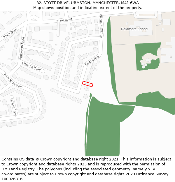 82, STOTT DRIVE, URMSTON, MANCHESTER, M41 6WA: Location map and indicative extent of plot