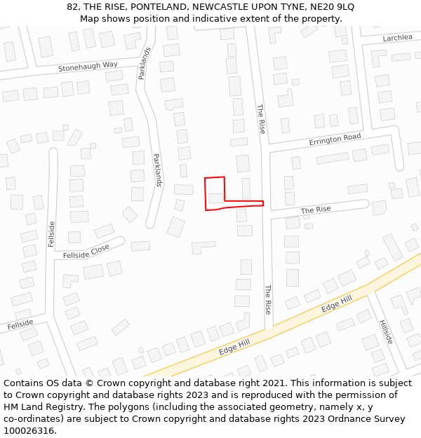 82, THE RISE, PONTELAND, NEWCASTLE UPON TYNE, NE20 9LQ: Location map and indicative extent of plot