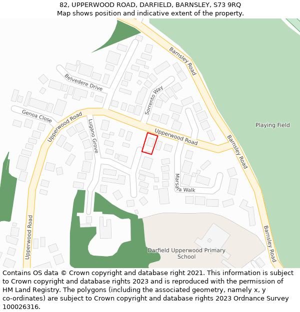 82, UPPERWOOD ROAD, DARFIELD, BARNSLEY, S73 9RQ: Location map and indicative extent of plot