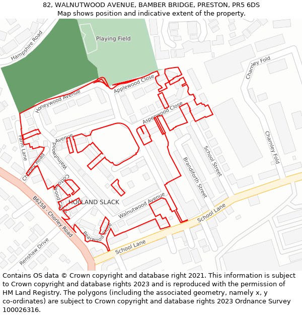 82, WALNUTWOOD AVENUE, BAMBER BRIDGE, PRESTON, PR5 6DS: Location map and indicative extent of plot