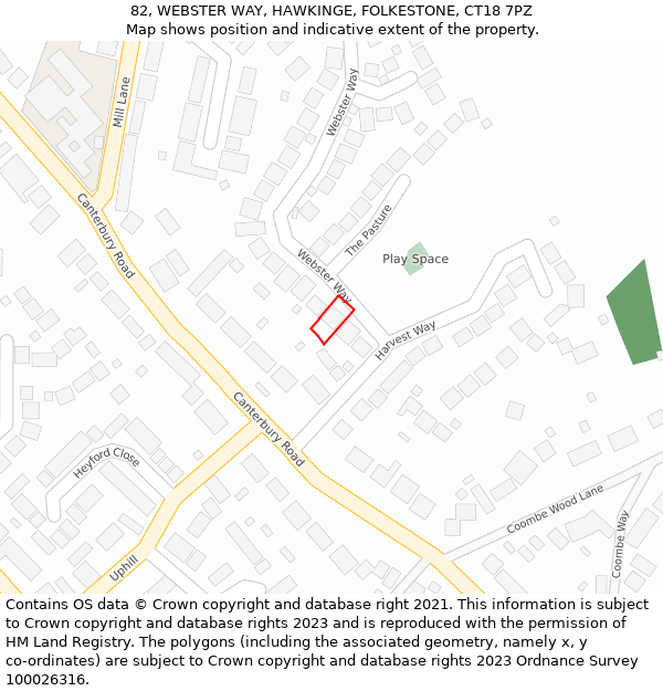 82, WEBSTER WAY, HAWKINGE, FOLKESTONE, CT18 7PZ: Location map and indicative extent of plot