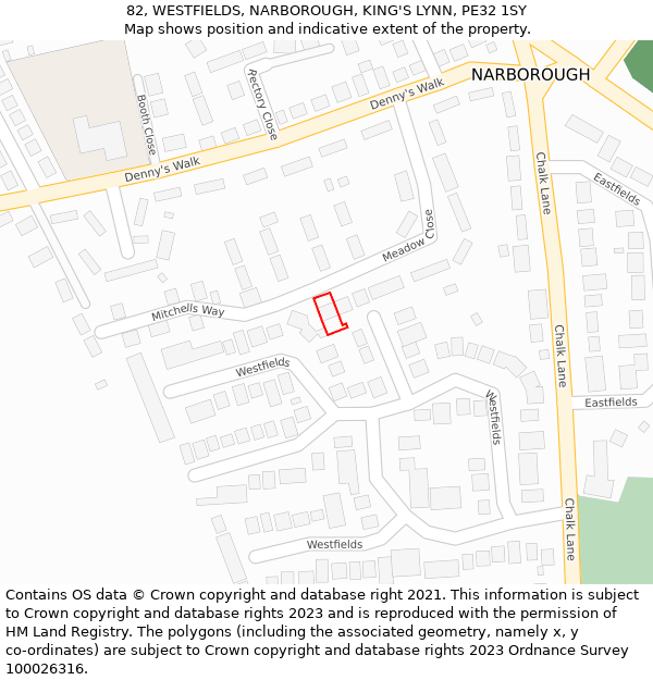 82, WESTFIELDS, NARBOROUGH, KING'S LYNN, PE32 1SY: Location map and indicative extent of plot